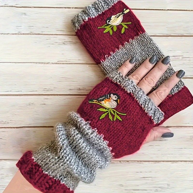 Color-Block Bird Embroidered Fingerless Knit Gloves – Warm, Flexible, Perfect for Daily Autumn/Winter Use, 8.5×22cm Stylish Practical Commute Hand-Warming Essential(GREEN)