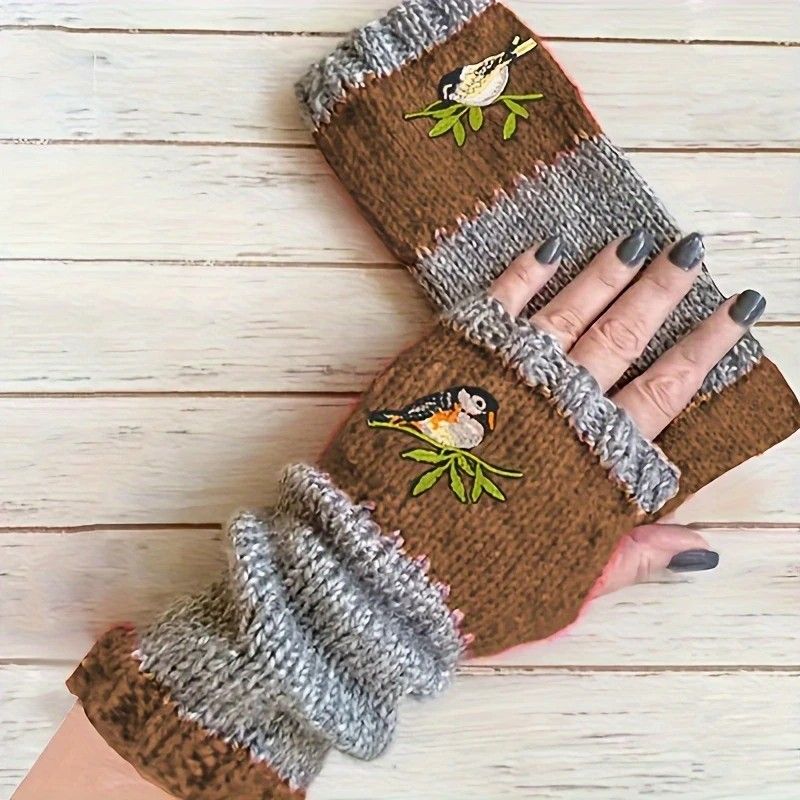 Color-Block Bird Embroidered Fingerless Knit Gloves – Warm, Flexible, Perfect for Daily Autumn/Winter Use, 8.5×22cm Stylish Practical Commute Hand-Warming Essential(dark red)