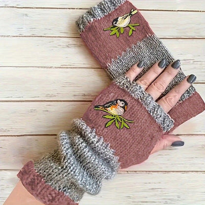 Color-Block Bird Embroidered Fingerless Knit Gloves – Warm, Flexible, Perfect for Daily Autumn/Winter Use, 8.5×22cm Stylish Practical Commute Hand-Warming Essential(dark red)