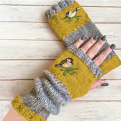 Color-Block Bird Embroidered Fingerless Knit Gloves – Warm, Flexible, Perfect for Daily Autumn/Winter Use, 8.5×22cm Stylish Practical Commute Hand-Warming Essential(dark red)