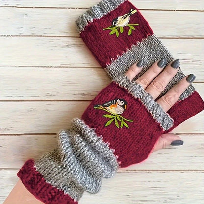 Color-Block Bird Embroidered Fingerless Knit Gloves – Warm, Flexible, Perfect for Daily Autumn/Winter Use, 8.5×22cm Stylish Practical Commute Hand-Warming Essential(purple)