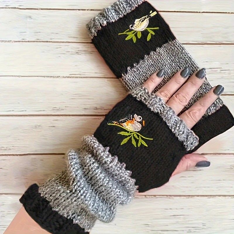 Color-Block Bird Embroidered Fingerless Knit Gloves – Warm, Flexible, Perfect for Daily Autumn/Winter Use, 8.5×22cm Stylish Practical Commute Hand-Warming Essential(purple)