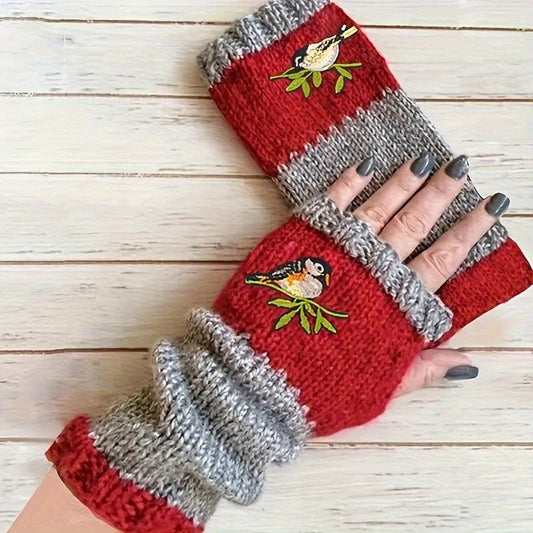 Color-Block Bird Embroidered Fingerless Knit Gloves – Warm, Flexible, Perfect for Daily Autumn/Winter Use, 8.5×22cm Stylish Practical Commute Hand-Warming Essential(red)