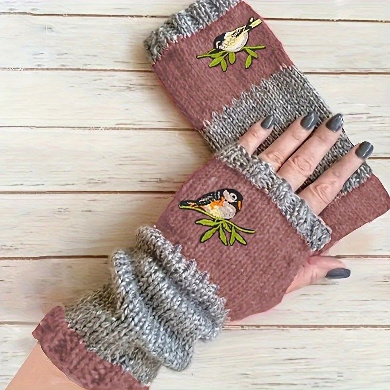 Color-Block Bird Embroidered Fingerless Knit Gloves – Warm, Flexible, Perfect for Daily Autumn/Winter Use, 8.5×22cm Stylish Practical Commute Hand-Warming Essential(red)