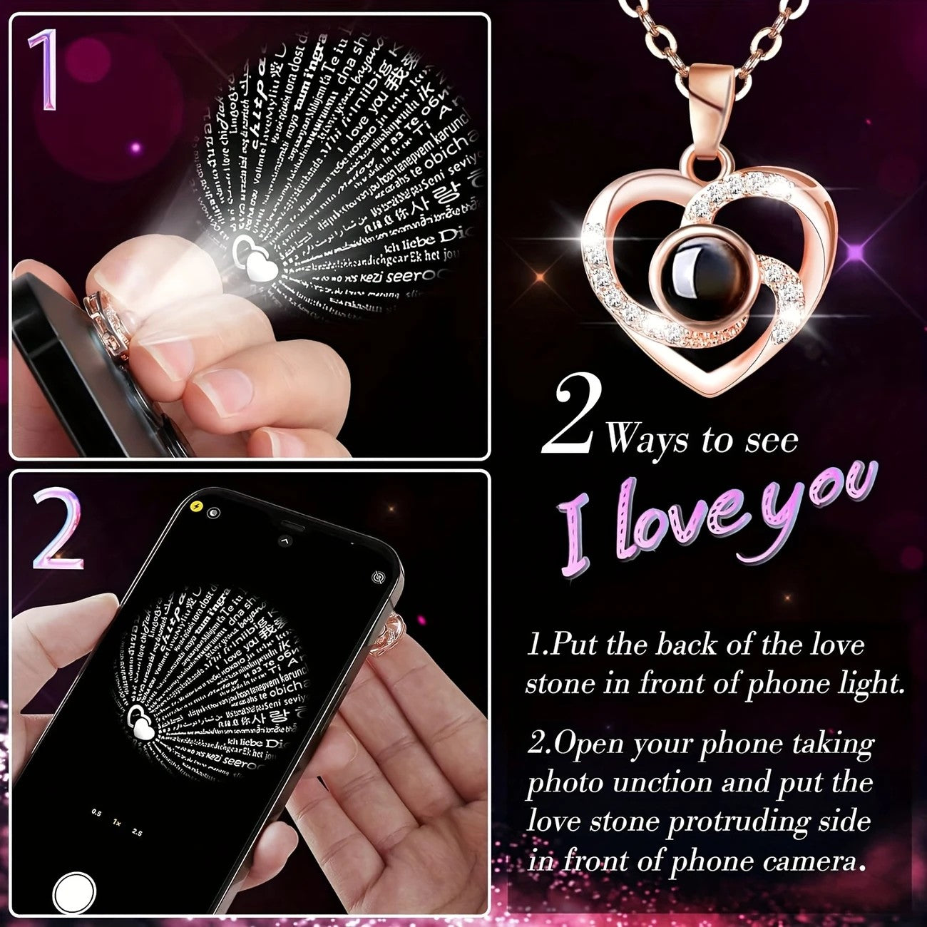Rose gold A Hundred Languages Heart-Shaped Projection Necklace Gift Set, Inlaid with Zirconia and Paired with a Preserved Rose, a Tech-Infused Romantic Gift