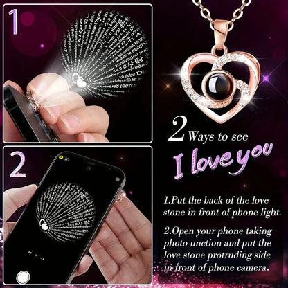 Rose gold A Hundred Languages Heart-Shaped Projection Necklace Gift Set, Inlaid with Zirconia and Paired with a Preserved Rose, a Tech-Infused Romantic Gift