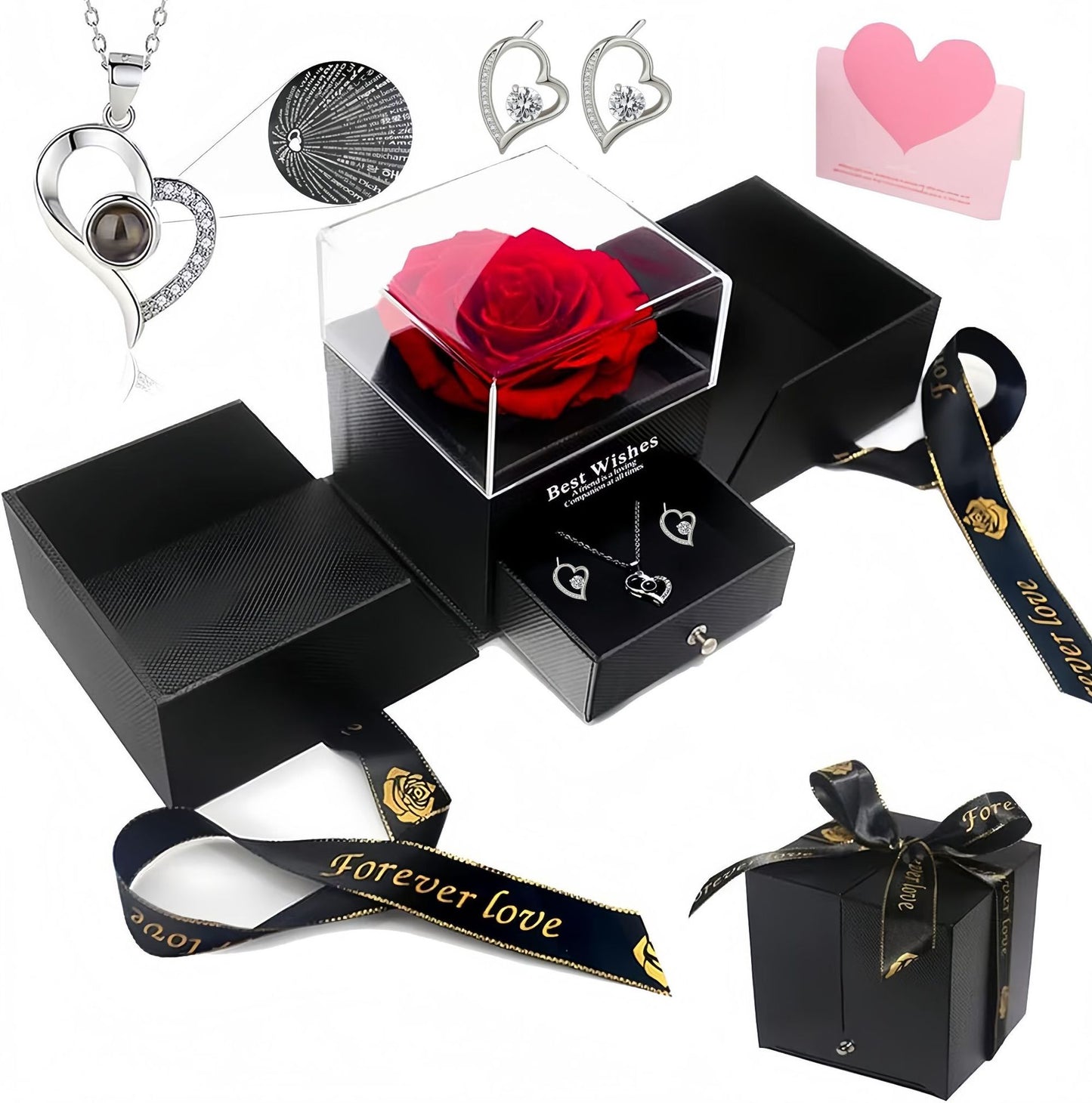 Platinum heart-shaped projection necklace, engraved with 100 ways to say "I love you," paired with matching heart-shaped earrings, presented in a rose-adorned double-door gift box—a refined gift blending technology and romance.