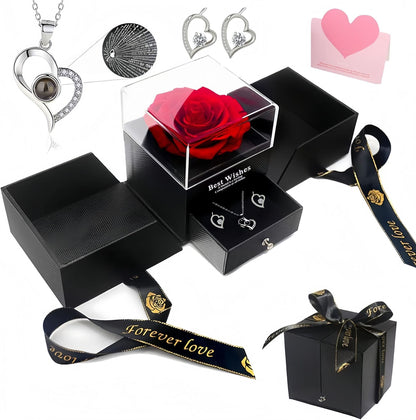 Platinum heart-shaped projection necklace, engraved with 100 ways to say "I love you," paired with matching heart-shaped earrings, presented in a rose-adorned double-door gift box—a refined gift blending technology and romance.