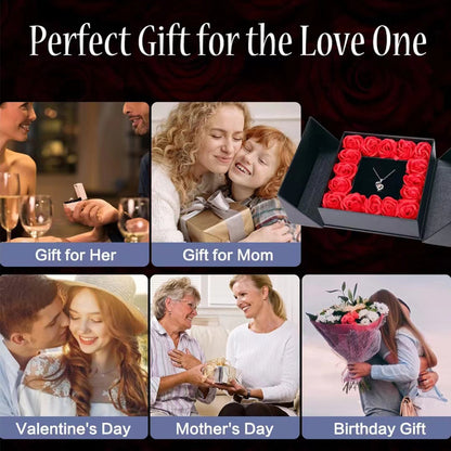 Platinum heart-shaped projection necklace, engraved with 100 ways to say "I love you," paired with matching heart-shaped earrings, presented in a rose-adorned double-door gift box—a refined gift blending technology and romance.