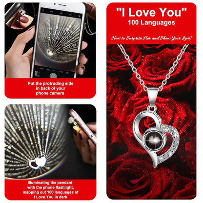 Platinum heart-shaped projection necklace, engraved with 100 ways to say "I love you," paired with matching heart-shaped earrings, presented in a rose-adorned double-door gift box—a refined gift blending technology and romance.