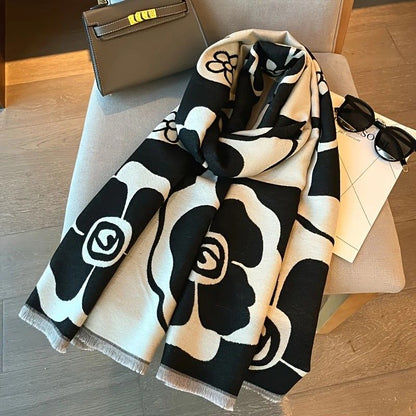 Elegant Camellia Scarf - Breathable and Warm Women's Shawl Black and White Fashion, Perfect for Spring and Summer Styling  Versatile Beach Accessory