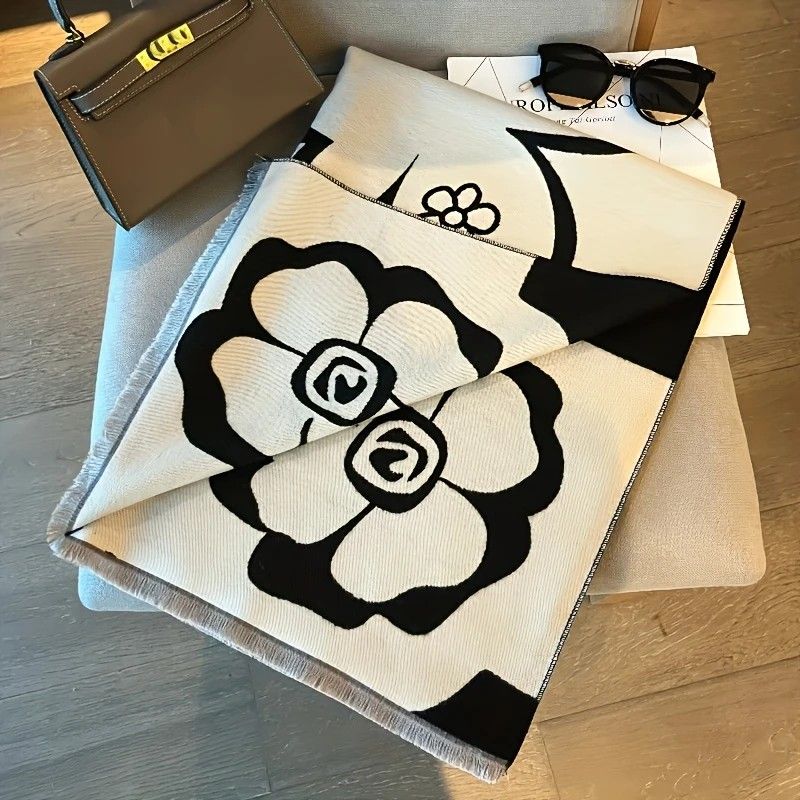 Elegant Camellia Scarf - Breathable and Warm Women's Shawl Black and White Fashion, Perfect for Spring and Summer Styling  Versatile Beach Accessory