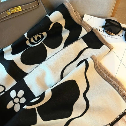 Elegant Camellia Scarf - Breathable and Warm Women's Shawl Black and White Fashion, Perfect for Spring and Summer Styling  Versatile Beach Accessory