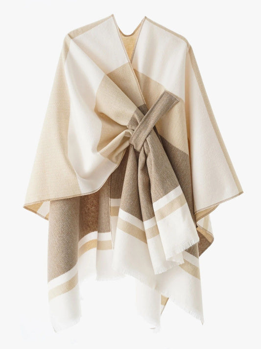 European and American minimalist cross-tie plaid cape cloak, acrylic warm versatile autumn winter outerwear fashion piece(creamy white)