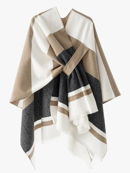 European and American minimalist cross-tie plaid cape cloak, acrylic warm versatile autumn winter outerwear fashion piece(Deep khaki)