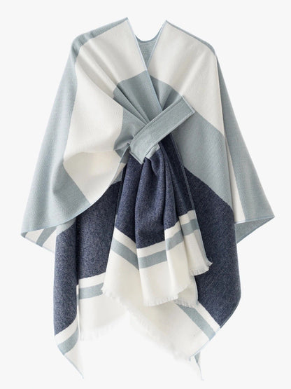 European and American minimalist cross-tie plaid cape cloak, acrylic warm versatile autumn winter outerwear fashion piece(navy blue)