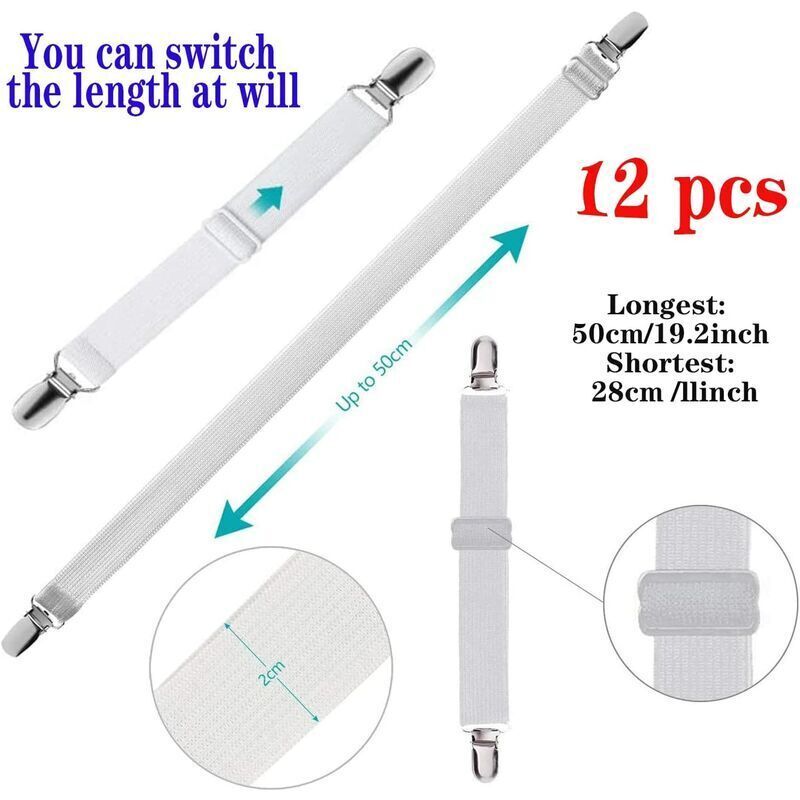 12 Pcs Elastic Sheet Fasteners White, INHHUB Adjustable Elastic Mattress Clips for Sheets and Bed Covers with Fastening Straps