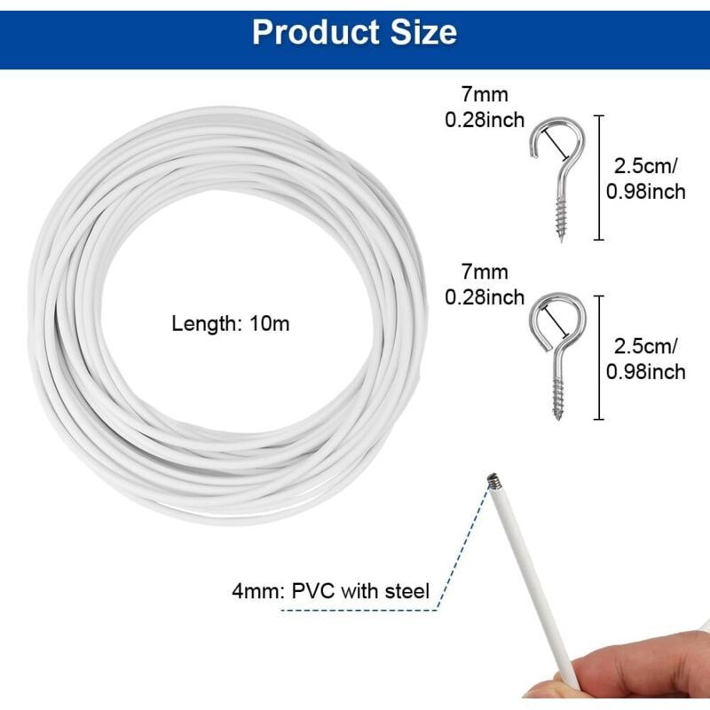 25 Pcs Curtain Cable White, Shower Curtains Curtain Cable Soft Rod Curtain Wire with Eye Bolts Screw Hooks, 10M