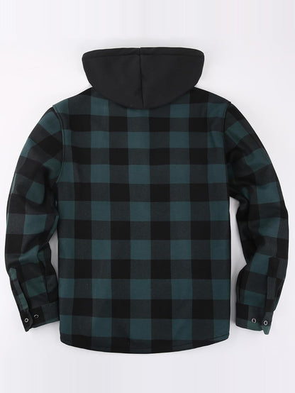 Men's Plaid Shirt Padded Warm Lined Plaid Shirts Men's Casual Plaid Shirt with Pockets Men's Hooded Plaid Jacket Green XL