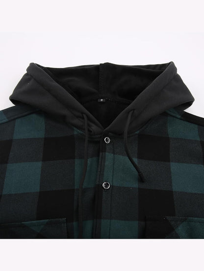 Men's Plaid Shirt Padded Warm Lined Plaid Shirts Men's Casual Plaid Shirt with Pockets Men's Hooded Plaid Jacket Green XL