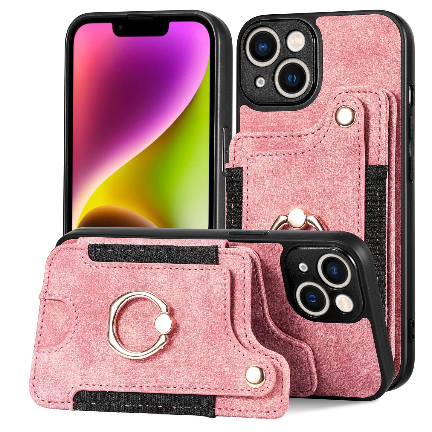 Suitable for iPhone mobile phone leather case RFID anti-theft brush ring buckle lanyard multifunctional card case Light Purple [With Leather Strap] Light Purple [With Leather Lanyard]] iPhone 15