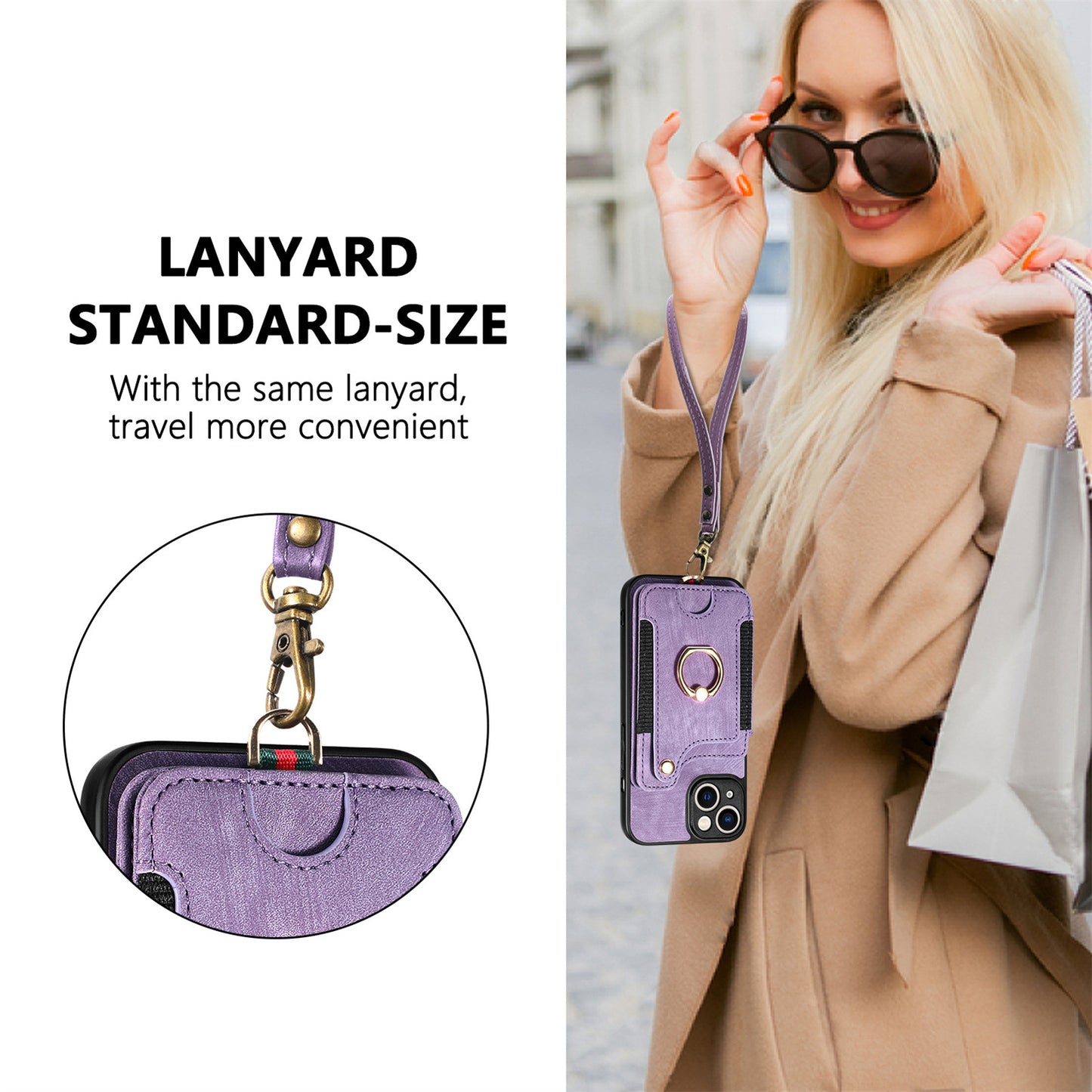 Suitable for iPhone mobile phone leather case RFID anti-theft brush ring buckle lanyard multifunctional card case Light Purple [With Leather Strap] Light Purple [With Leather Lanyard]] iPhone 11