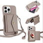 Horizontal Card Pocket Phone Case in Litchi Texture with Long Cord Grey Grey For iPhone 14 Pro