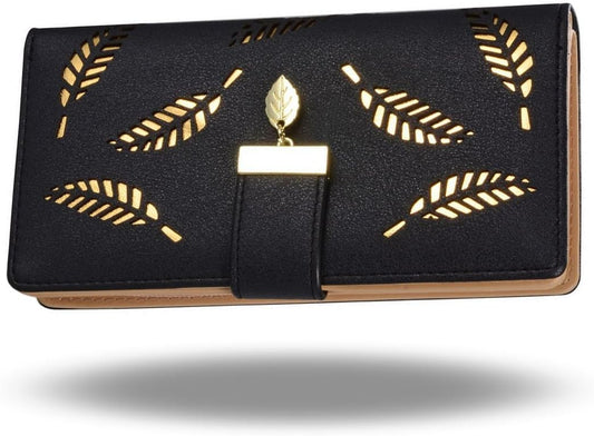 Women's Large Capacity Long Wallet, Hollow Leaf Wallet, Black
