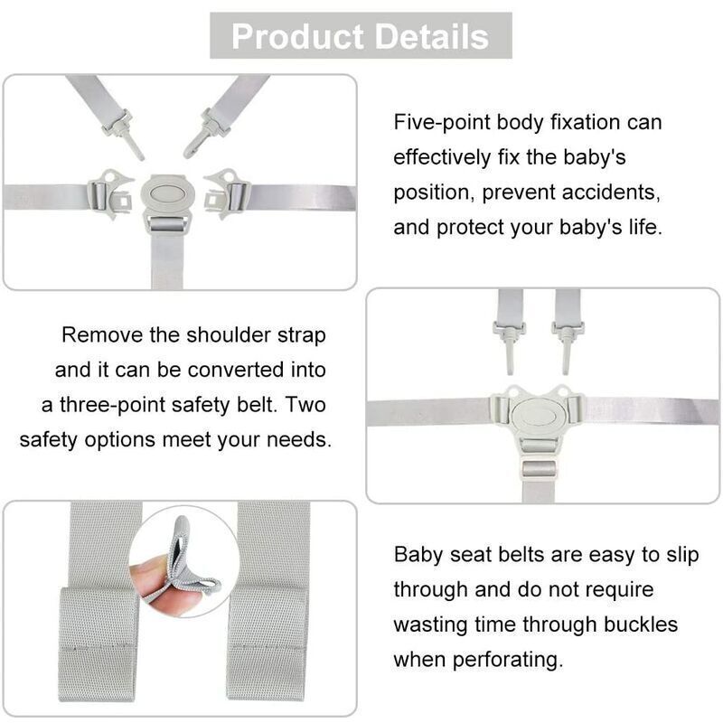 Adjustable 5-Point Safety Harness for Child Seats and Strollers, Gray - Compatible with Most Brands