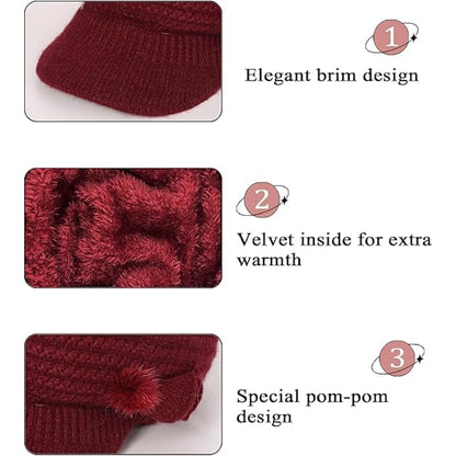 Winter Hat for Women, Fleece Lined, Floral Knitted Hat, Ladies Beret Hat with Brim, Cloche Hat, Thermal Hat, Ladies Wool Hats, Red