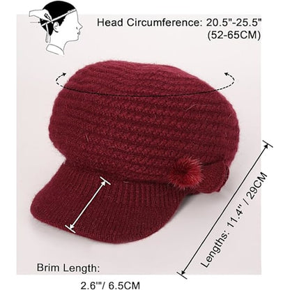 Winter Hat for Women, Fleece Lined, Floral Knitted Hat, Ladies Beret Hat with Brim, Cloche Hat, Thermal Hat, Ladies Wool Hats, Red
