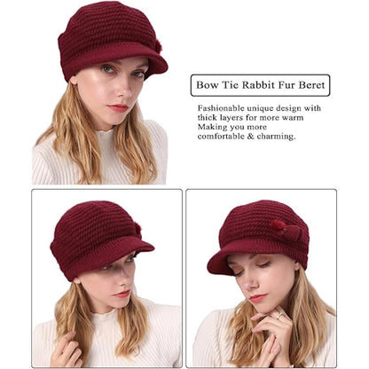 Winter Hat for Women, Fleece Lined, Floral Knitted Hat, Ladies Beret Hat with Brim, Cloche Hat, Thermal Hat, Ladies Wool Hats, Red
