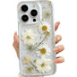 Transparent Case with Design of Pressed Real Flowers, Glitter Cute White Floral Pattern Slim Soft TPU Protective Case for Women iPhone16plus