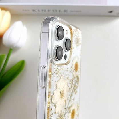 Transparent Case with Design of Pressed Real Flowers, Glitter Cute White Floral Pattern Slim Soft TPU Protective Case for Women iPhone16plus