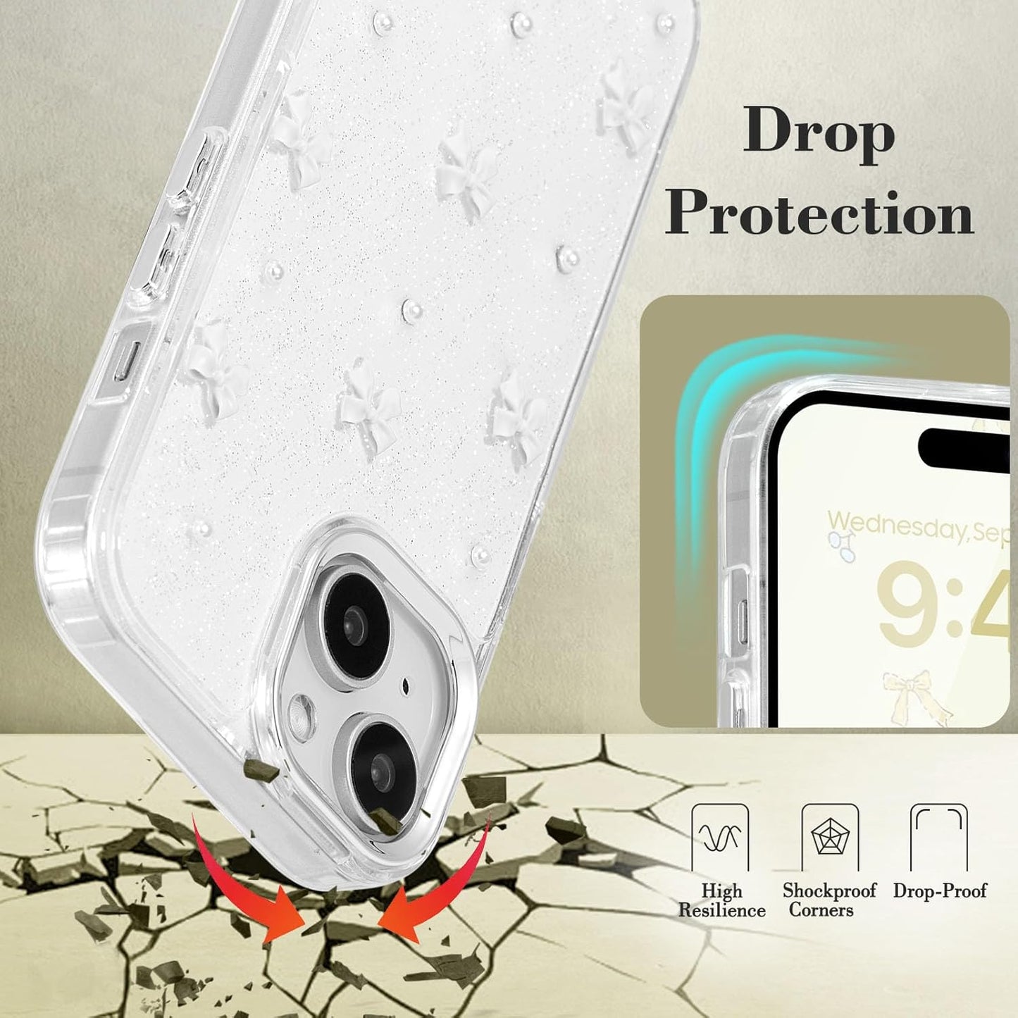 Compatible with iPhone 15 Plus, Bling Glitter 3D Bowknot Phone Case Cute Sparkly Crystal Clear Bowknot Slim Soft Durable Protective Case White iPhone 15 Plus