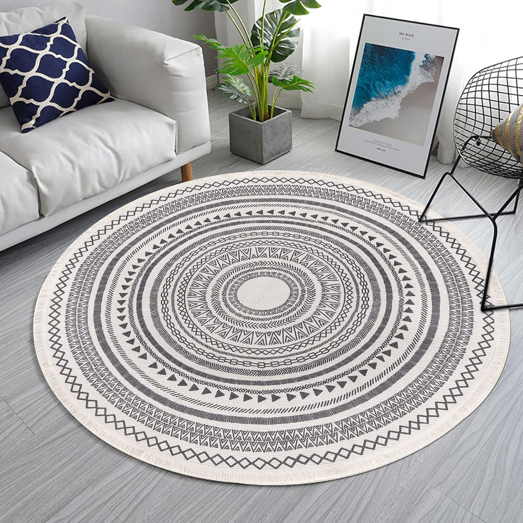 Grey Round Woven Cotton Rug with Fringes 120cm Washable Absorbent Rug Moroccan Style Print 120*120CM—yux 120*120CM