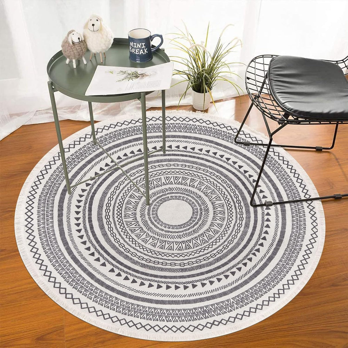 Grey Round Woven Cotton Rug with Fringes 120cm Washable Absorbent Rug Moroccan Style Print 120*120CM—yux 120*120CM