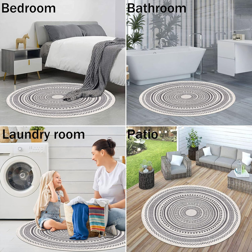 Grey Round Woven Cotton Rug with Fringes 120cm Washable Absorbent Rug Moroccan Style Print 120*120CM—yux 120*120CM
