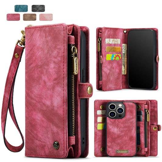 2-in-1 Detachable Wallet Case for iPhone 16 & Samsung, Retro Leather Flip Case with Card Holder & Magnetic Zipper, Dark Pink Dark Pink iPhone16 Pro Max