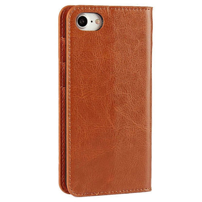 For iPhone SE (2020)/SE (2022)/8/7 4.7 inch Oil-Rimmed Crazy Horse Genuine Leather Attached Hard PC Inner Case Wallet Stand Flip Phone Case Brown