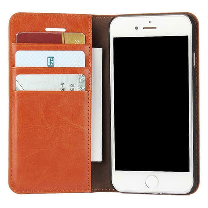 For iPhone SE (2020)/SE (2022)/8/7 4.7 inch Oil-Rimmed Crazy Horse Genuine Leather Attached Hard PC Inner Case Wallet Stand Flip Phone Case Brown