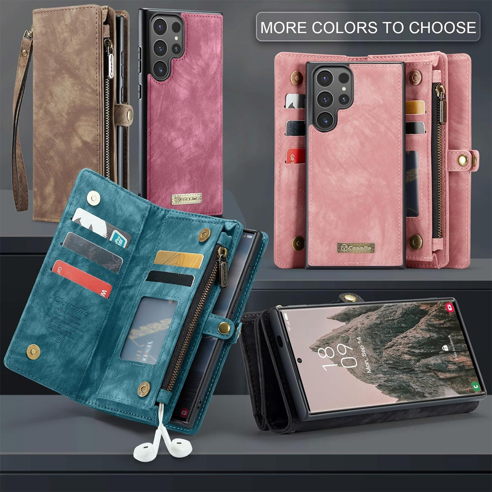 2-in-1 Detachable Wallet Case for iPhone 16 & Samsung, Retro Leather Flip Case with Card Holder & Magnetic Zipper Black Black 三星S25