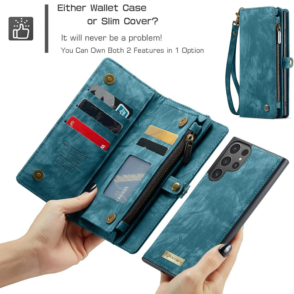 2-in-1 Detachable Wallet Case for iPhone 16 & Samsung, Retro Leather Flip Case with Card Holder & Magnetic Zipper Black Black 三星S25