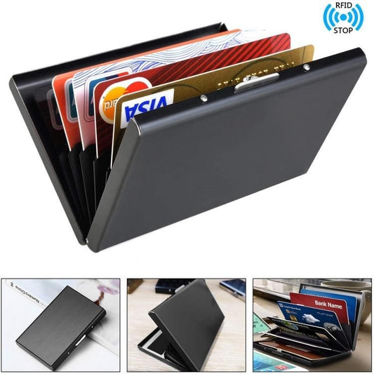 10-Card Slot RFID Protected Metal Wallet, Stainless Steel Card Holder with Compartments, Black