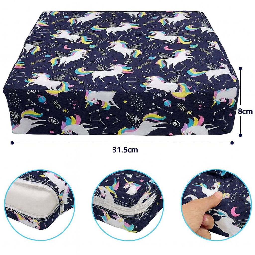 Toddler Booster Seat Cushion, Foam Chair Riser With Adjustable Safety Straps And Washable Polyester Cover, Unicorn Print Blue, 8 cm, 32 x 32 cm