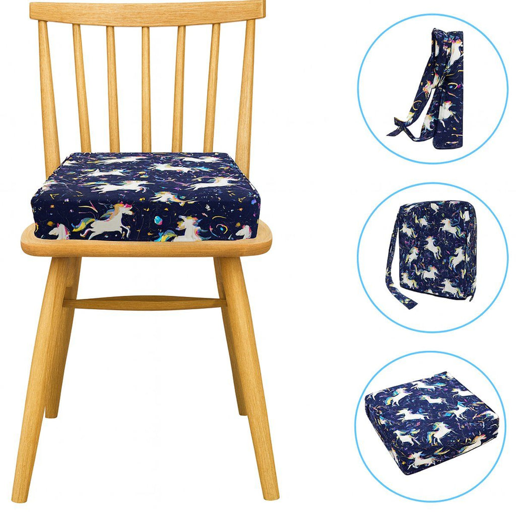 Toddler Booster Seat Cushion, Foam Chair Riser With Adjustable Safety Straps And Washable Polyester Cover, Unicorn Print Blue, 8 cm, 32 x 32 cm