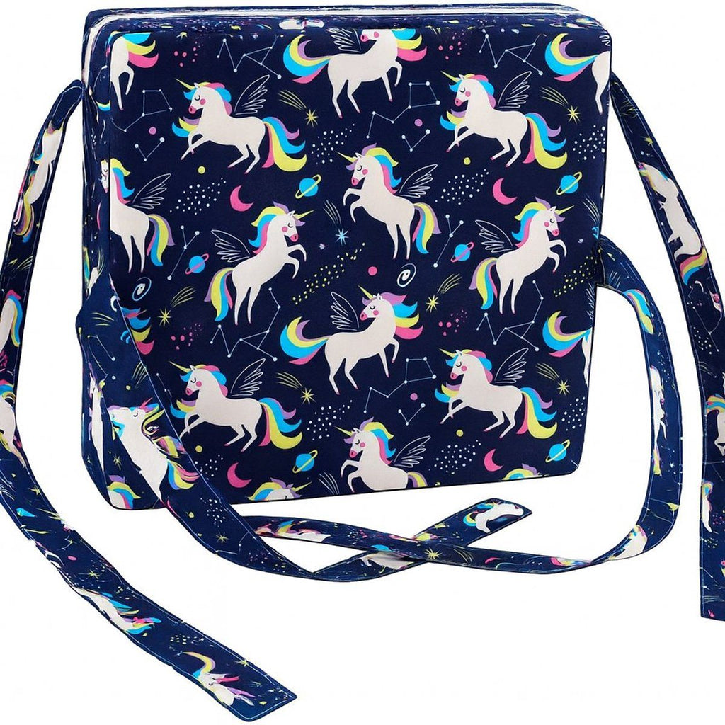 Toddler Booster Seat Cushion, Foam Chair Riser With Adjustable Safety Straps And Washable Polyester Cover, Unicorn Print Blue, 8 cm, 32 x 32 cm