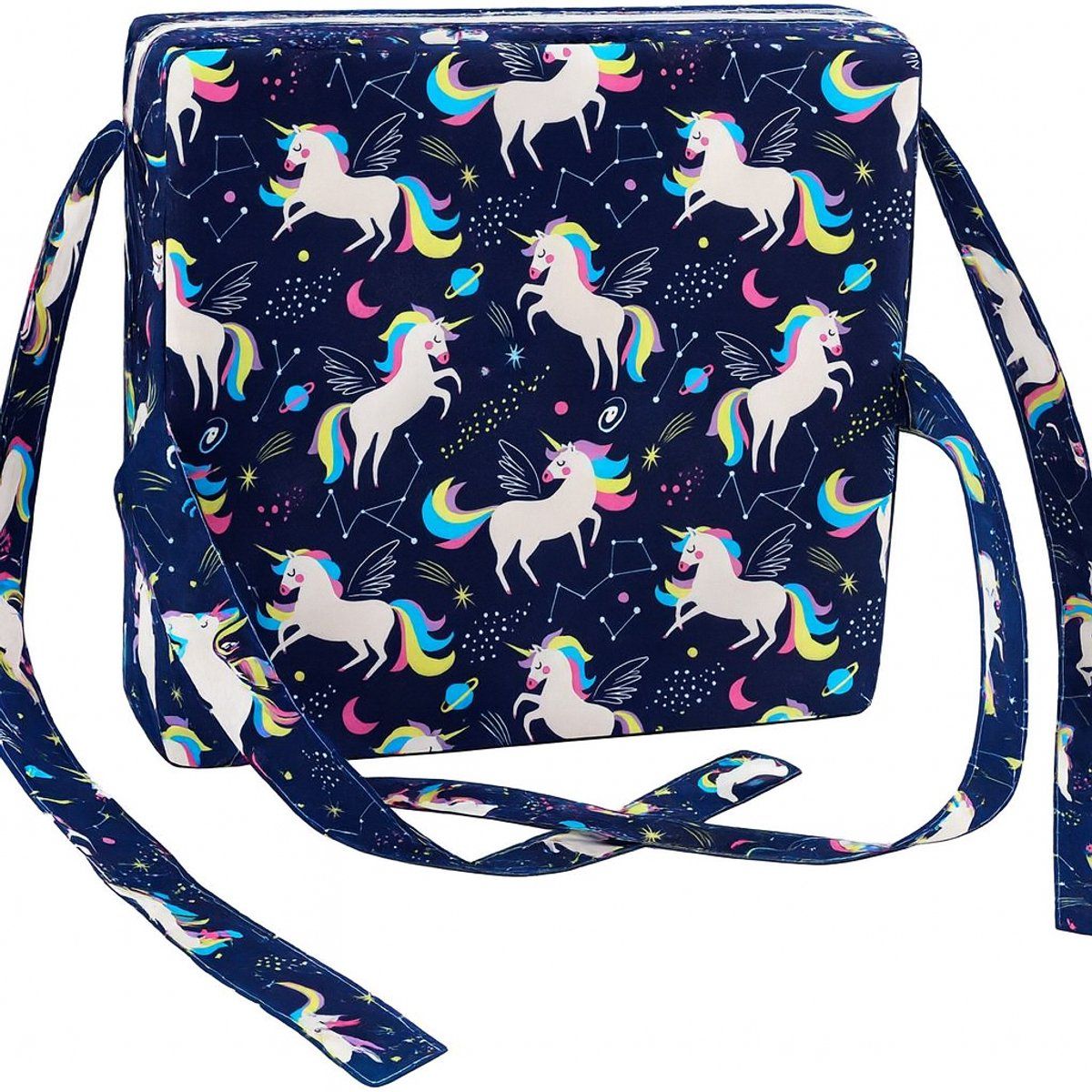 Toddler Booster Seat Cushion, Foam Chair Riser With Adjustable Safety Straps And Washable Polyester Cover, Unicorn Print Blue, 8 cm, 32 x 32 cm