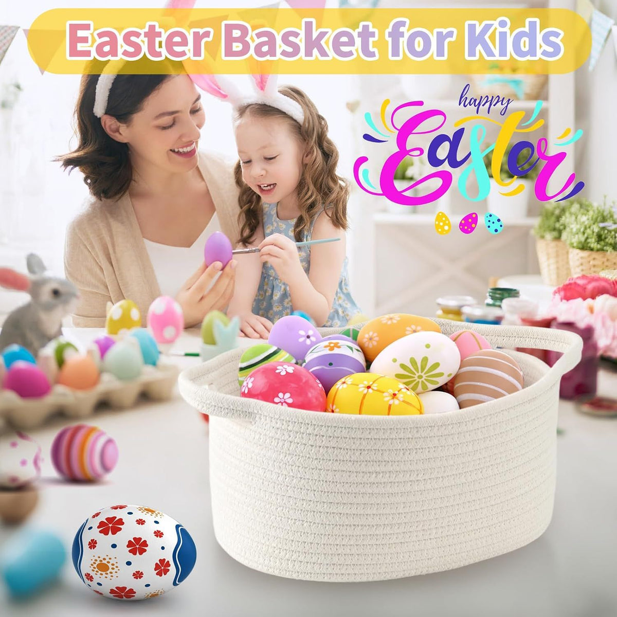 1 Piece Cotton Rope Basket with Handles White, 30 x 20 x 12 cm