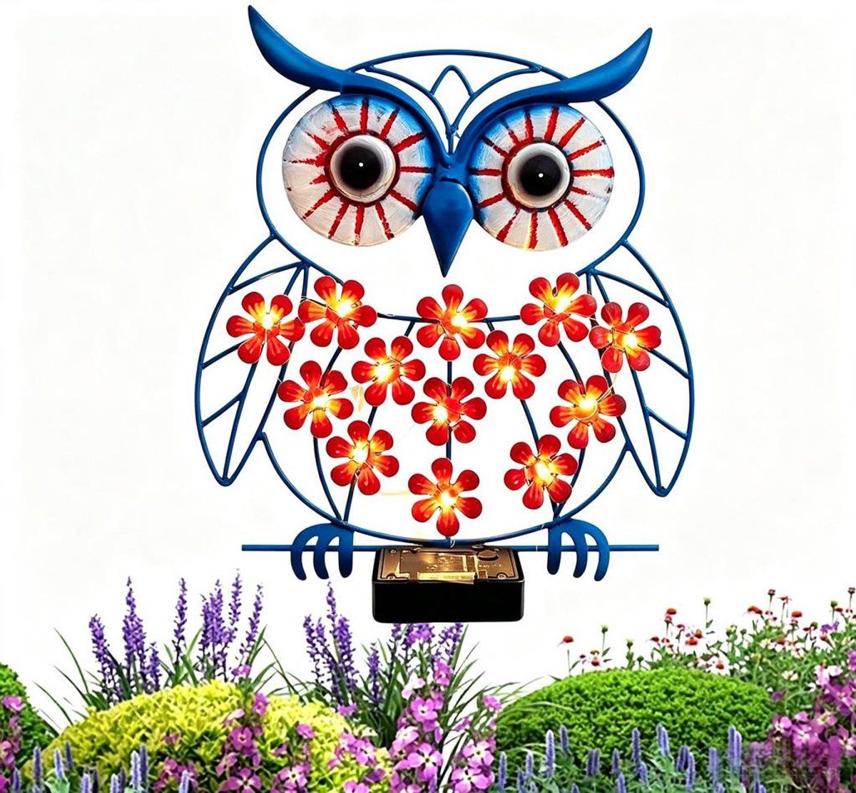 Solar Owl Wall Lamp Metal LED Outdoor Garden Decor Waterproof IP65 Animal Shape Solar Powered Light for Fence Balcony Yard Blue